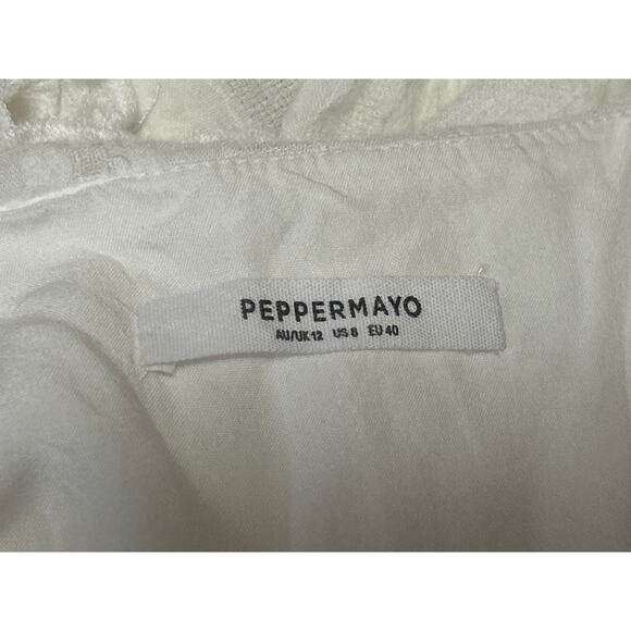 Peppermayo White Long Sleeve Tie Knot Collared Ruffle Peplum Blouse Top Size 8 - Picture 3 of 4